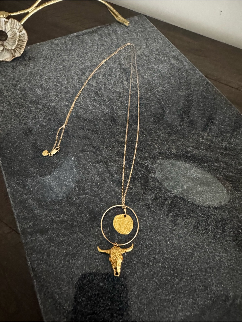Gold-tone Bull Skull Pendant Necklace with Coin Charm - Women Jewelry